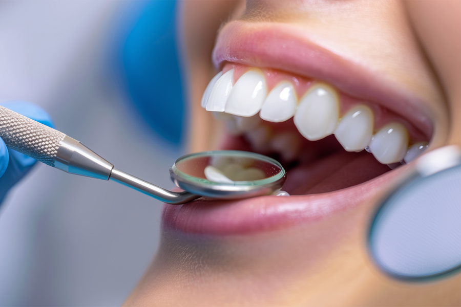 gloved hand holding dental mirror in woman's mouth