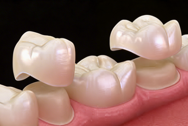 rendering of dental crown being placed onto teeth