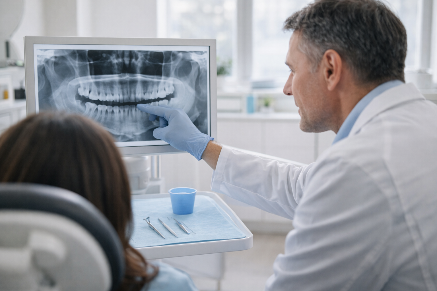 Dentist showing teeth x-ray to patient in dental chair.