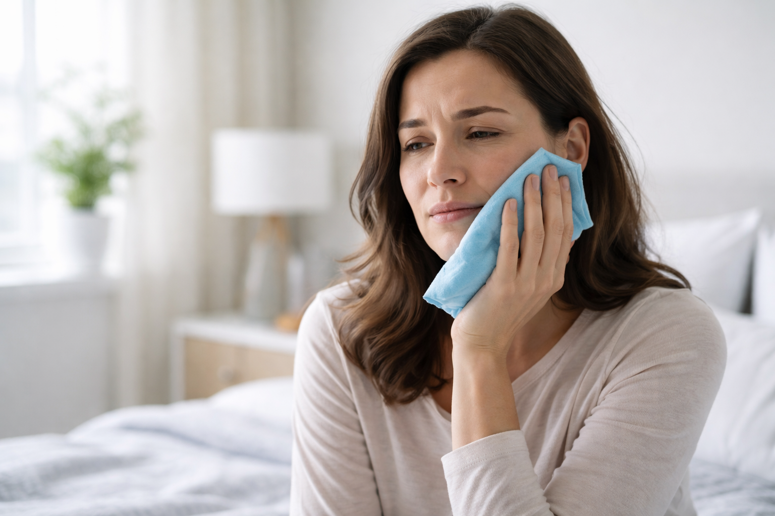 Woman holding a blue compress against her cheek.