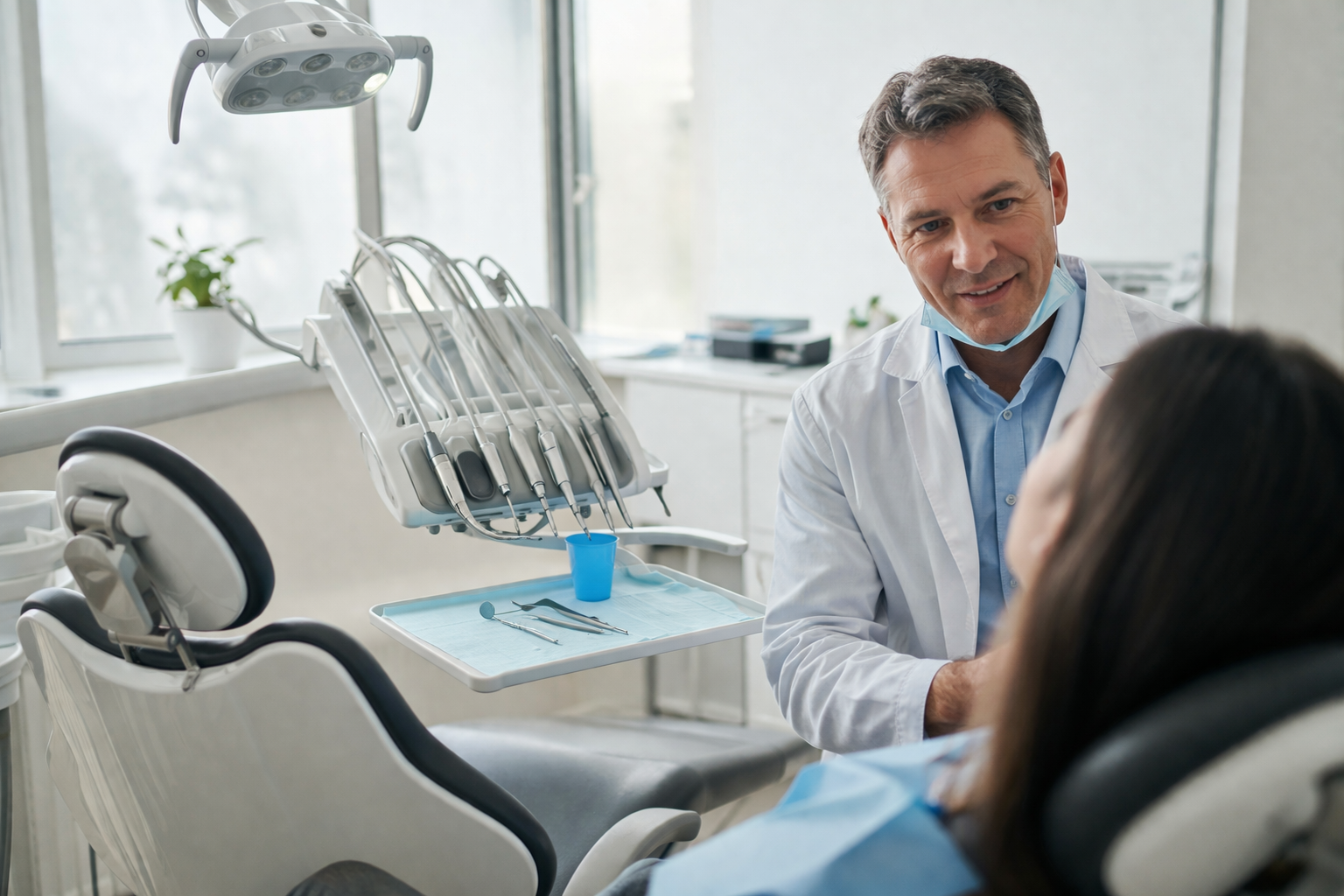 Dentist talking to patient in dental chair.