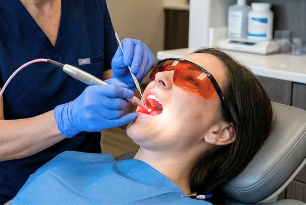 Gloved hands shining laser into mouth of woman wearing glasses.