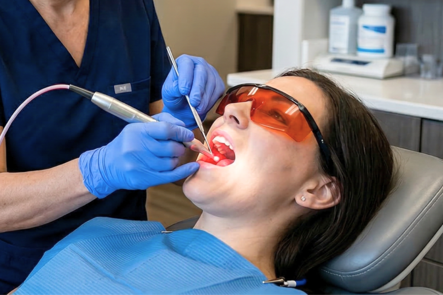 Gloved hands shining laser into mouth of woman wearing glasses.