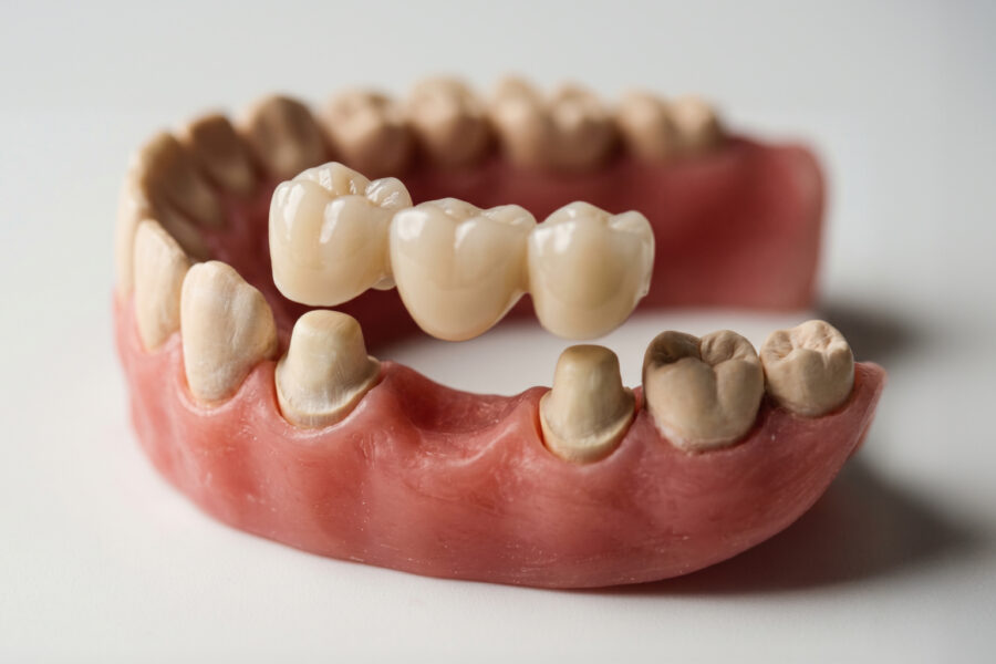 Dental bridge hovering above two dental implants in mandible model.