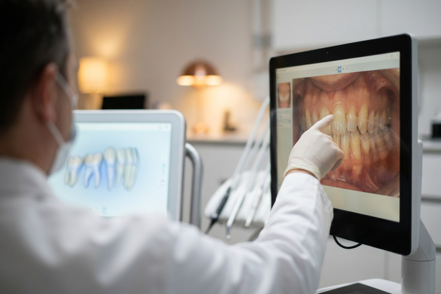 Dentist pointing at image of teeth on a screen.