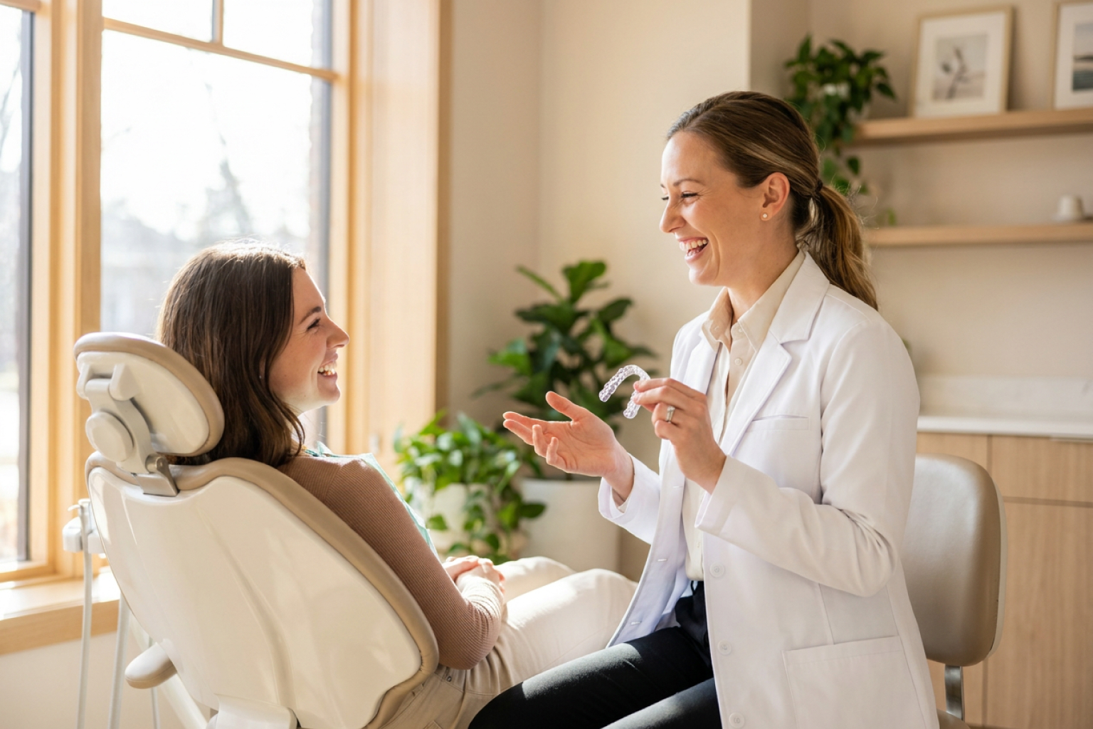Dentist speaking to female patient in dental chair.
