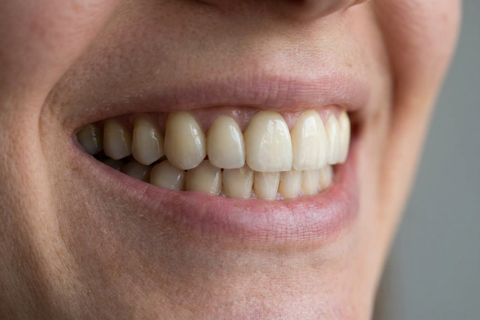 Close up of a bright smile showing natural teeth for professional teeth whitening consultation.