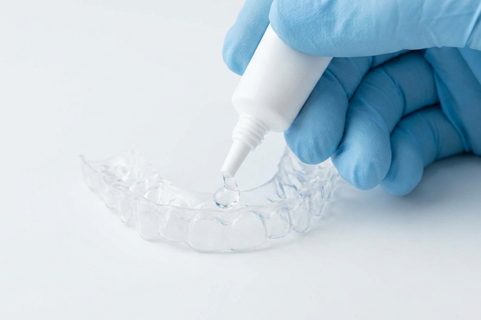 Dentist applying professional teeth whitening gel into a clear plastic dental tray.