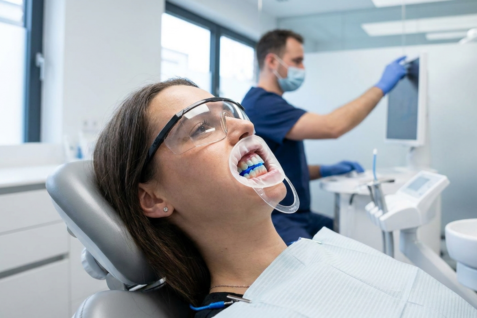 Patient receiving professional teeth whitening treatment in a modern dental office setting.