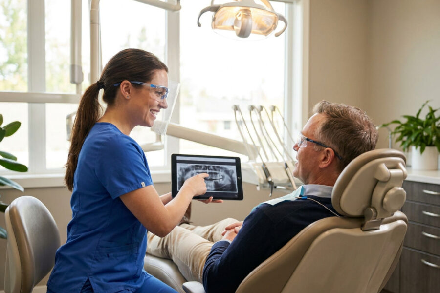 Dentist reviewing a patient's digital dental X-ray on a tablet during a consultation, explaining treatment options in a modern dental office.