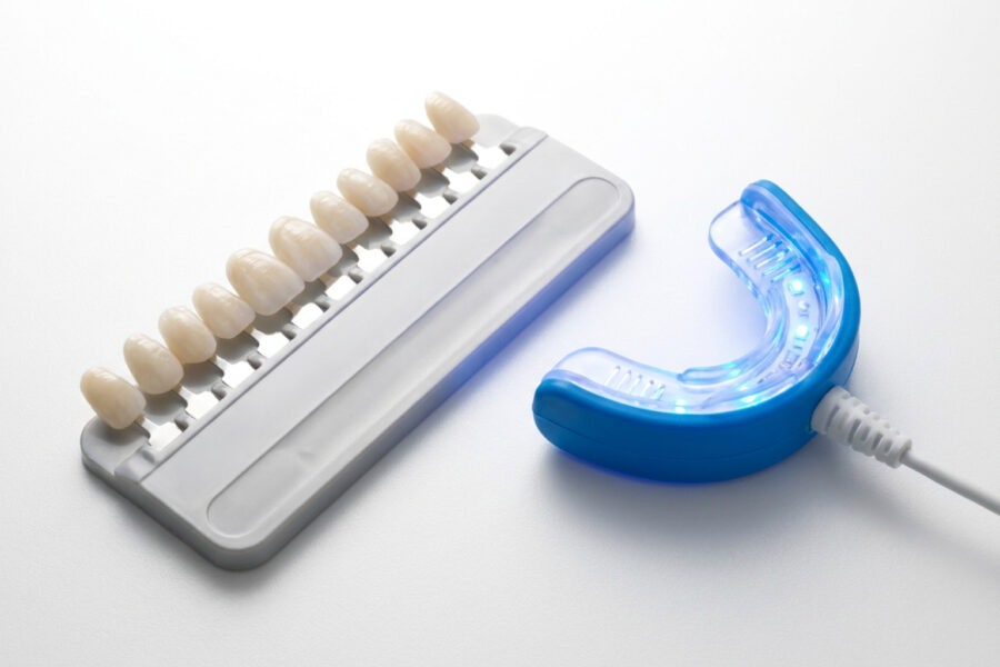 Tooth shade-matching tool beside teeth whitening mouth guard on white surface.